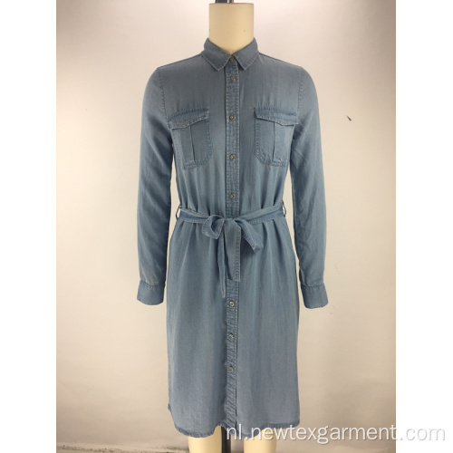 mode tencel denim stof riem dames shirt jurk